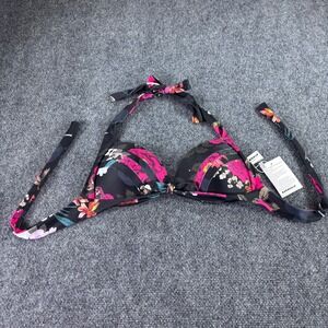 Cocoship Bikini Top Women L Black Pink Floral Halter Pleated Padded NWT